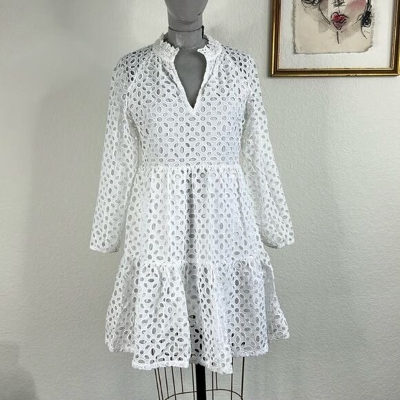 J Crew Tiered Popover Dress in Embroidered Eyelet A Line Swing Dress - Picture 1 of 10